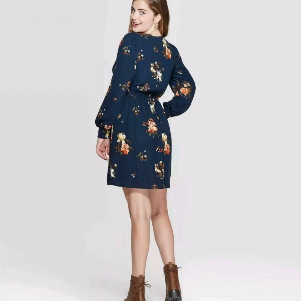 Xhilaration Navy Floral Long Sleeve Fit & Flare Mini Dress XS Boho Fall NWT - Picture 2 of 6